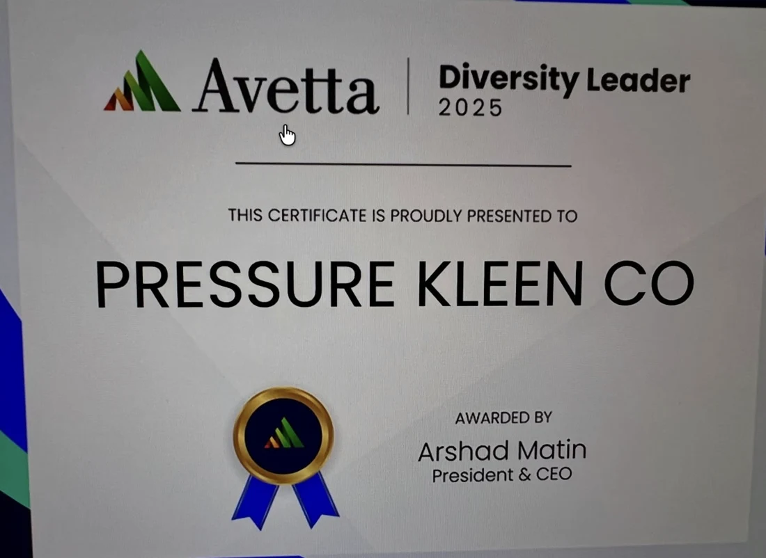 Avetta Diversity Leader 2025 certificate presented to Pressure Kleen Co.