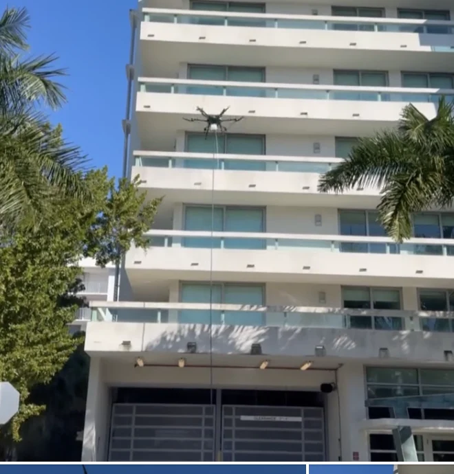 Drone operating beside the multi-story building in Bay Harbor Islands