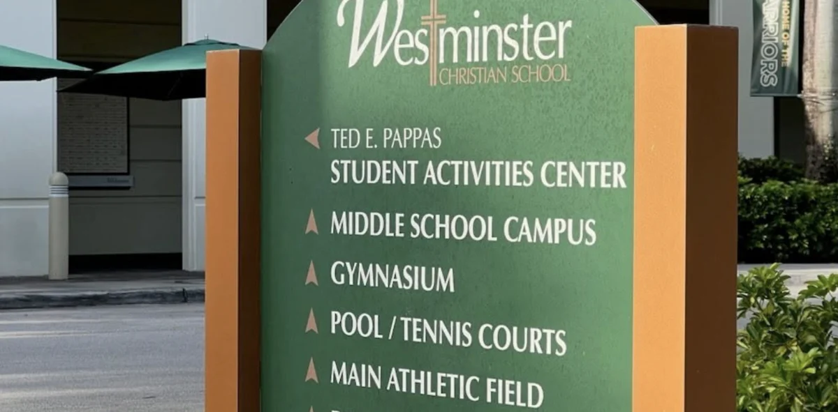 Westminster Christian School campus sign identifying the project location